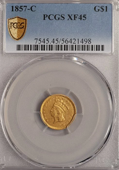 Gold Dollar. 1857-C Charlotte $1 gold coin. PCGS EF45.