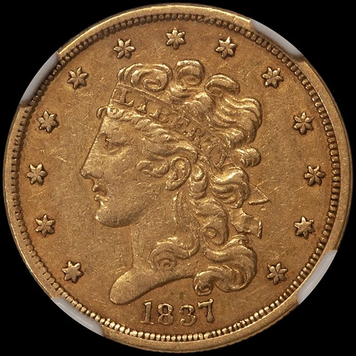 Half Eagle. 1837 $5 gold coin. NGC AU53 CAC.