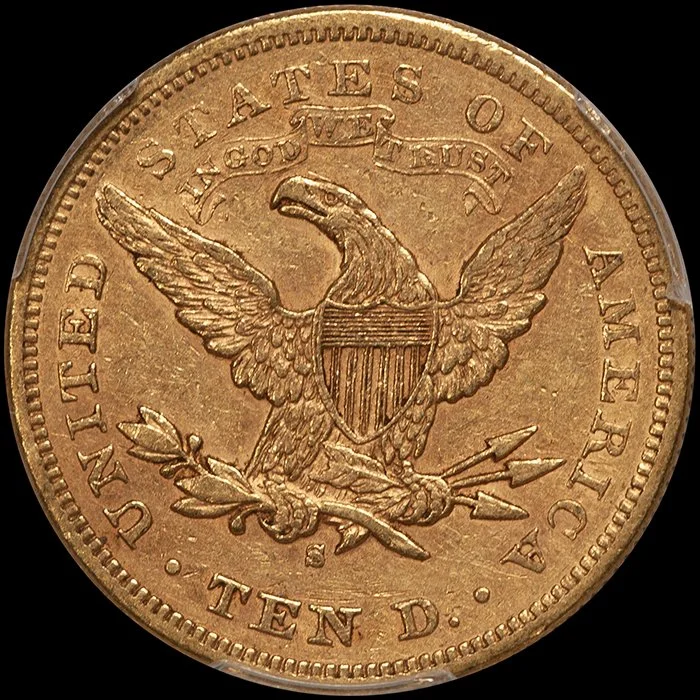 Eagle. 1876-S San Francisco $10 gold coin. PCGS AU50. Fairmont.