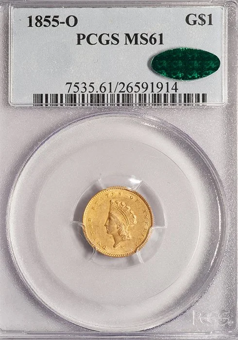 Gold Dollar. 1855-O New Orleans $1 gold coin. PCGS MS61 CAC.
