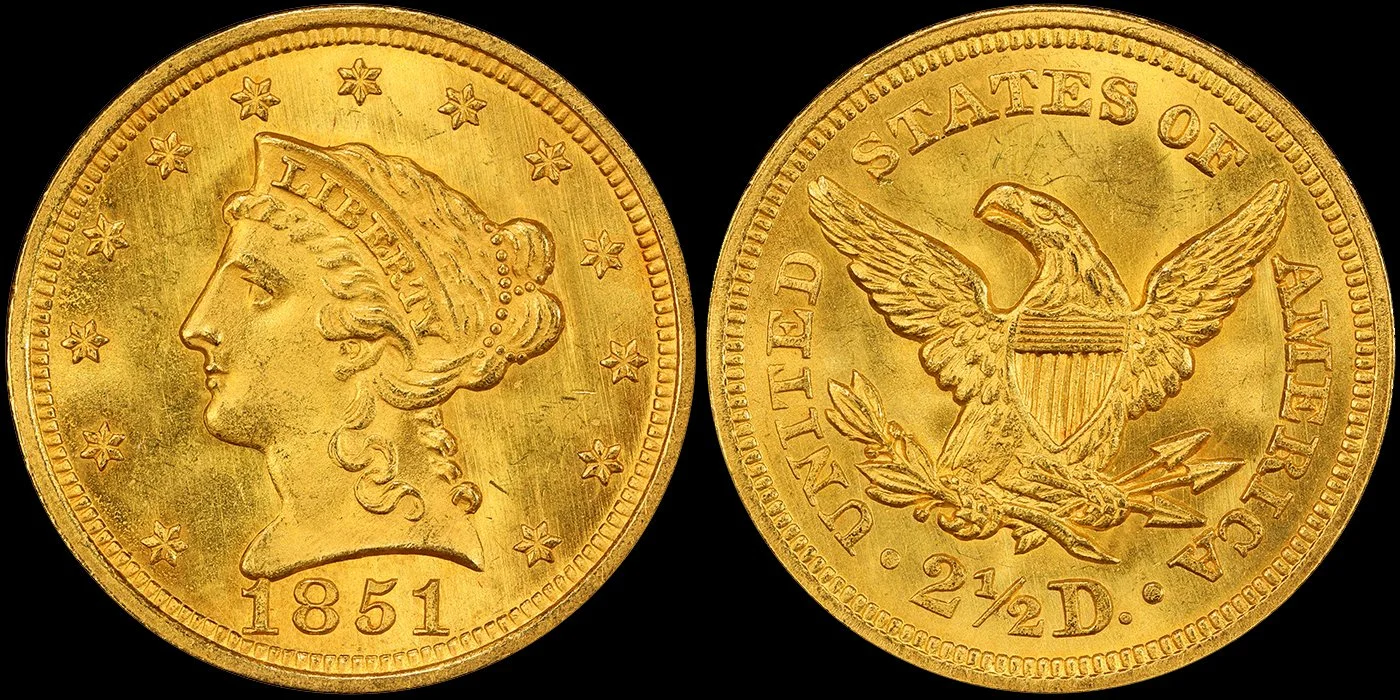 Quarter Eagle. 1851 $2.50 PCGS MS66. Image from PCGS.