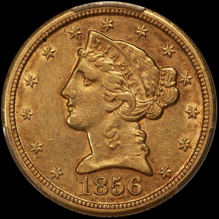Half Eagle. 1856-D Dahlonega $5.00 gold coin. PCGS AU55 CAC.