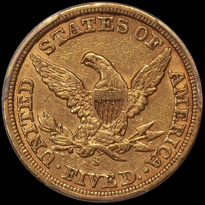 Half Eagle. 1862-S San Francisco $5 gold coin. PCGS EF45 CAC. Fairmont.