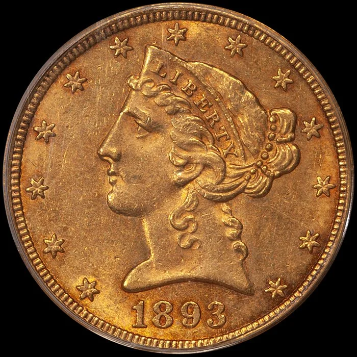 Half Eagle. 1893-CC Carson City $5 gold coin. PCGS AU55. CAC Gold Sticker. OGH.