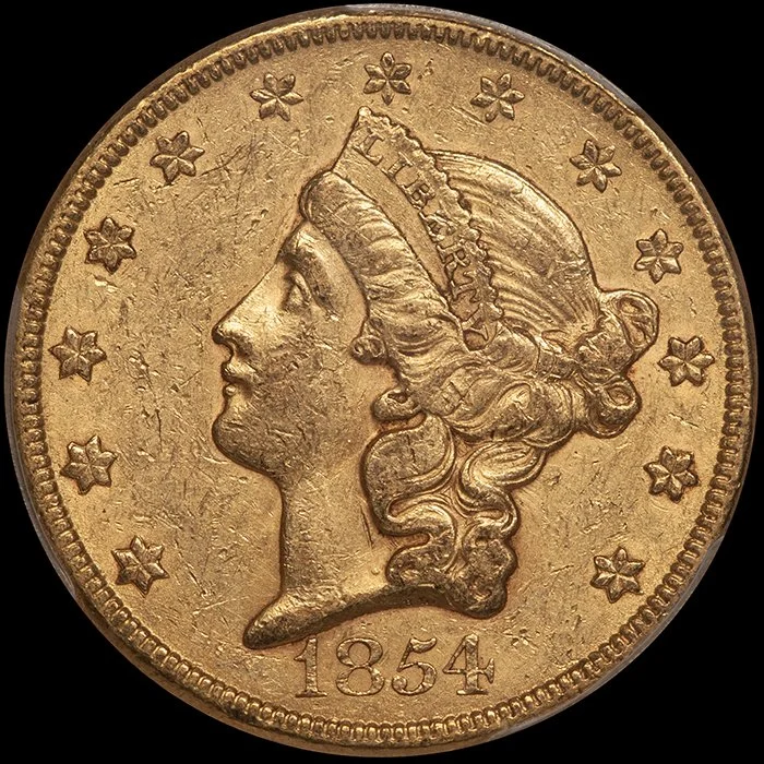 1854 Large Date $20 gold coin graded PCGS AU58 CAC (Copy)