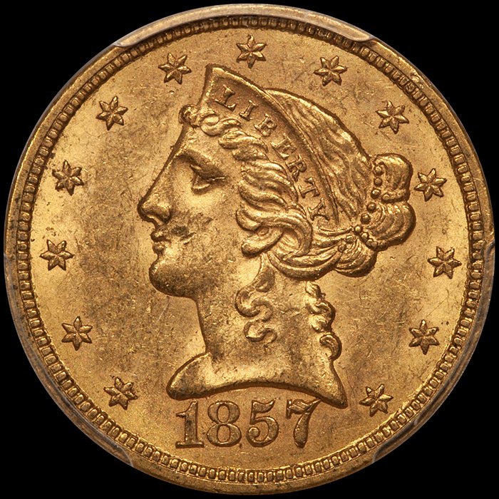 Half Eagle. 1857-S San Francisco $5 gold coin. PCGS MS61 CAC.
