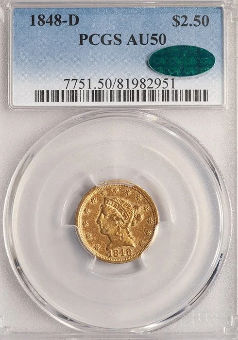 Quarter Eagle. 1848-D Dahlonega $2.50 gold coin. PCGS AU50 CAC.