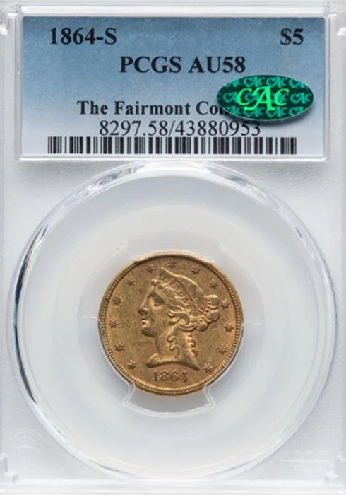 Half Eagle. 1864-S San Francisco $5.00 gold coin. AU58 CAC.