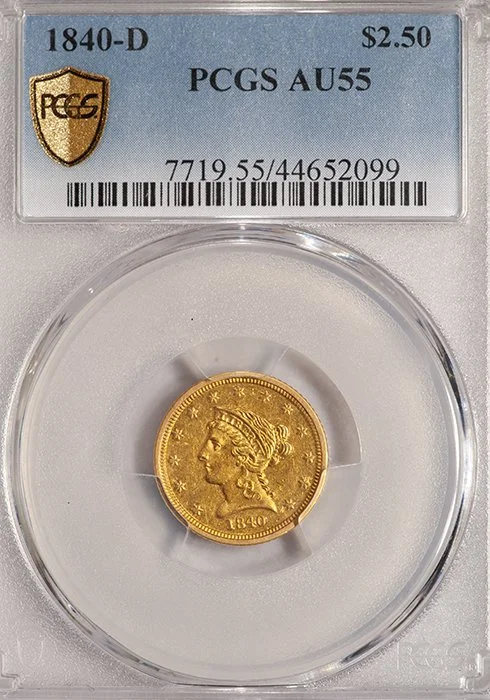 Quarter Eagle. 1840-D Dahlonega $2.50 gold coin. PCGS AU55.