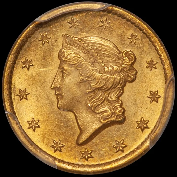 Gold Dollar. 1849-O New Orleans $1 gold coin. PCGS MS64 CAC.
