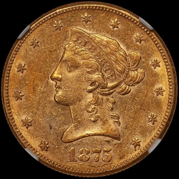 Eagle. 1875-CC Carson City $10.00 gold coin. NGC AU55.