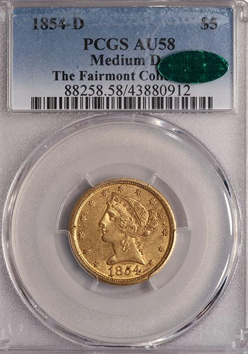 Half Eagle. 1854-D Medium D, Dahlonega $5.00 gold coin. PCGS AU58 CAC. Fairmont.