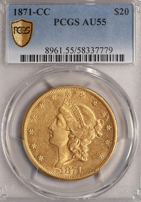 Double Eagle. 1871-CC $20.00 gold coin. PCGS AU55.
