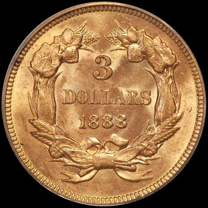 Three Dollars. 1888 $3 gold coin. PCGS MS65 CAC.