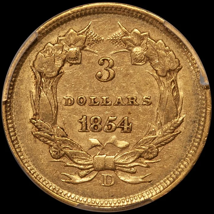 Three Dollars. 1854-D Dahlonega $3 gold coin. PCGS AU55 CAC.