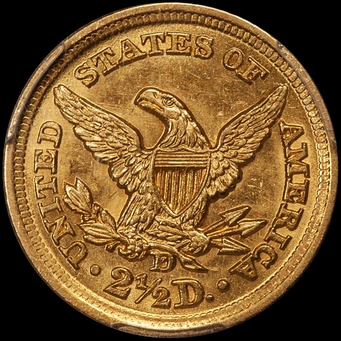 Quarter Eagle. 1857-D Dahlonega $2.50 gold coin. PCGS MS62.