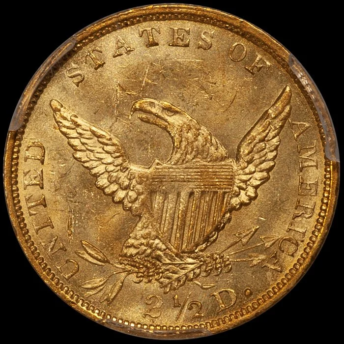 Quarter Eagle. 1836 Script 8 $2.50 gold coin. PCGS MS63.