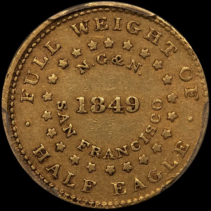 Half Eagle. 1849 Norris Greg Norris $5 gold coin. PCGS EF45 CAC.
