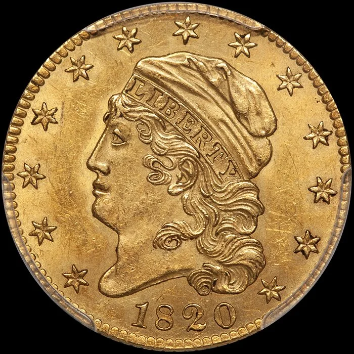 Half Eagle. 1820 5 gold coin. Curl Base 2, Lg. Letters. PCGS MS63
