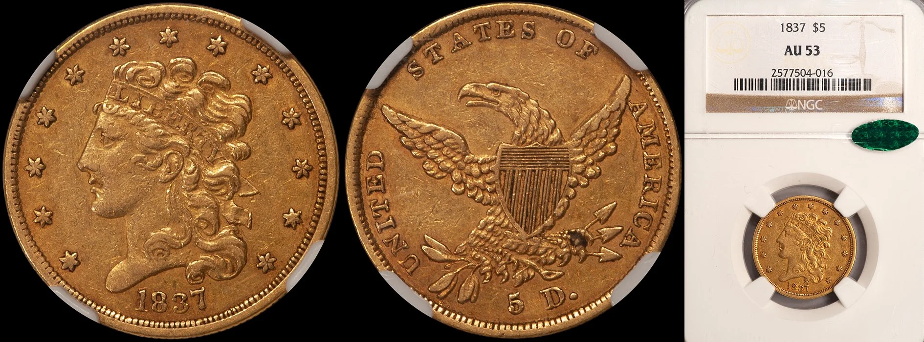 ON HOLD - $5.00 - 1837 NGC AU53 CAC