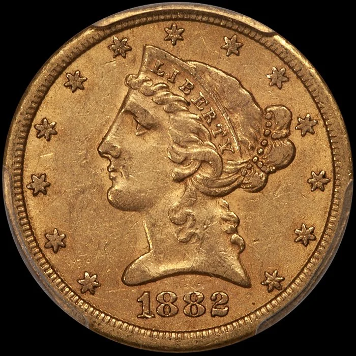 Half Eagle. 1882-CC Carson City $5 gold coin. PCGS AU55 CAC.