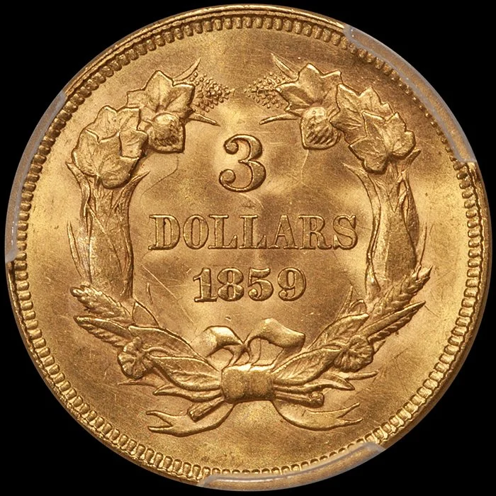Three Dollars. 1859 $3 gold coin. PCGS MS62+ CAC.
