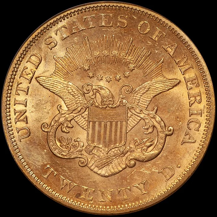 Double Eagle. 1858 $20 gold coin. PCGS MS62 CAC.