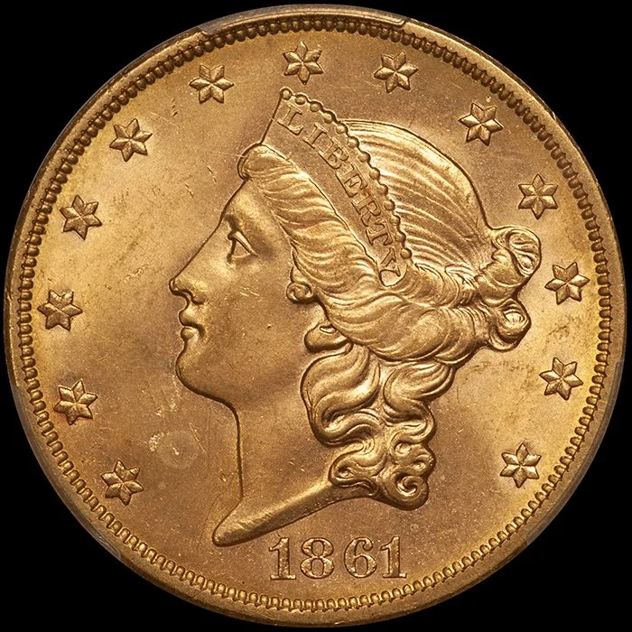 Double Eagle. 1861-S San Francisco $20 gold coin. PCGS MS63.