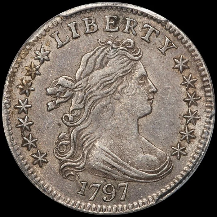 10C. 1797 13 Stars silver dime. PCGS AU58.