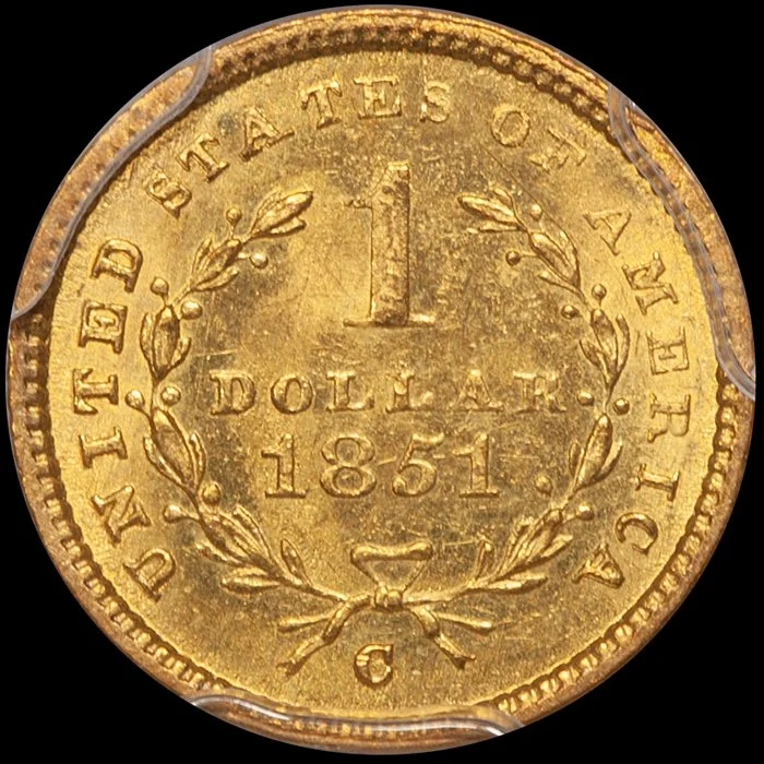 old Dollar. 1851-C Charlotte $1 gold coin. PCGS MS64 CAC.