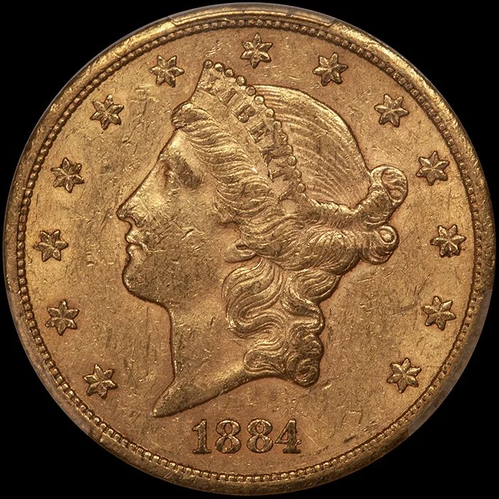 Double Eagle. 1884-CC Carson City $20 gold coin. PCGS AU55 CAC.