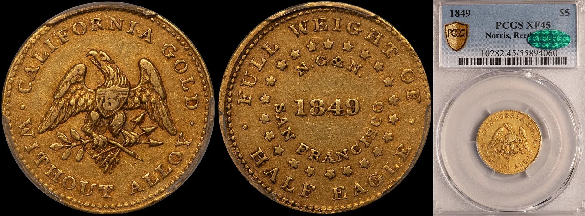 ON HOLD - $5.00 - 1849 Norris, Gregg, Norris PCGS EF45 CAC