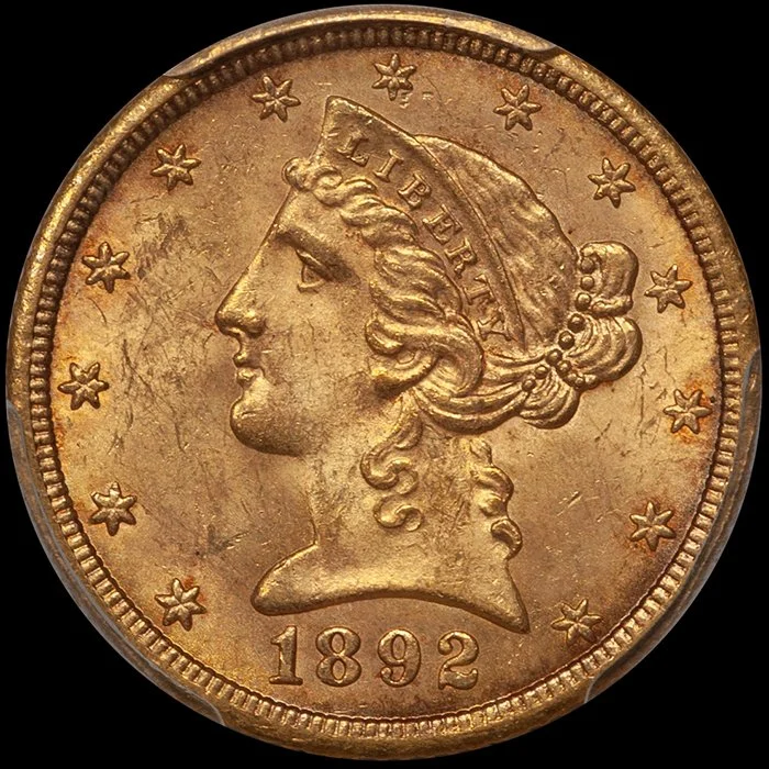 Half Eagle. 1892-CC Carson City $5 gold coin. PCGS MS63+ CAC.