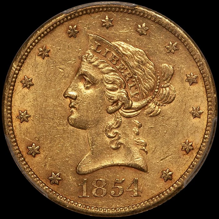 Eagle. 1854-S San Francisco $10 gold coin. PCGS AU58. Fairmont.