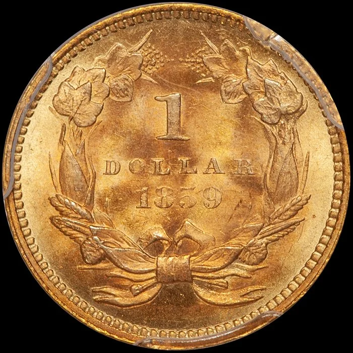 Gold Dollar. 1859 $1 gold coin. PCGS MS66+ CAC.