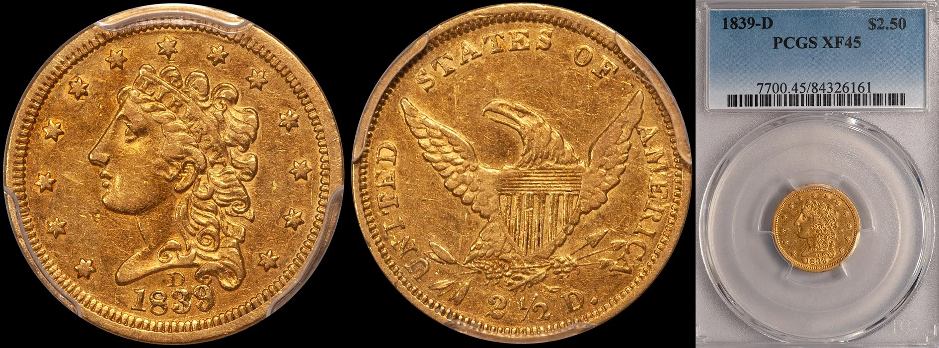Quarter Eagle. 1839-D Dahlonega $2.50 gold coin. PCGS EF45.