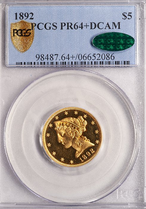 Half Eagle. 1892 $5 gold coin. PCGS PR64+DCAM. CAC.