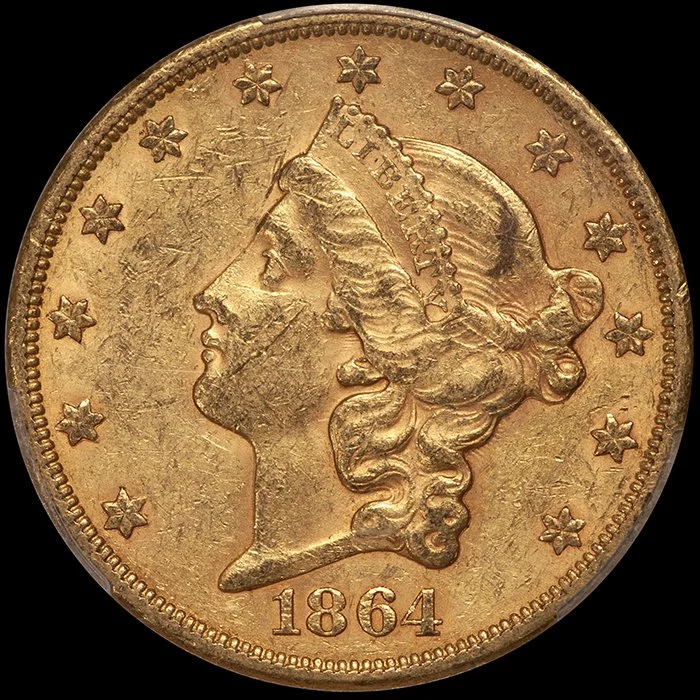 Double Eagle. 1864-S San Francisco $20 gold coin. PCGS AU58.