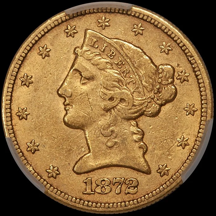 Half Eagle. 1872-CC Carson City $5.00 gold coin. CACG EF45.