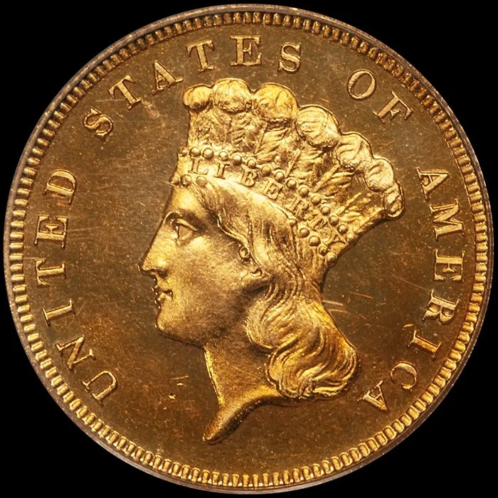 Three Dollars. 1885 Proof $3 gold coin. PCGS PR65 CAC.