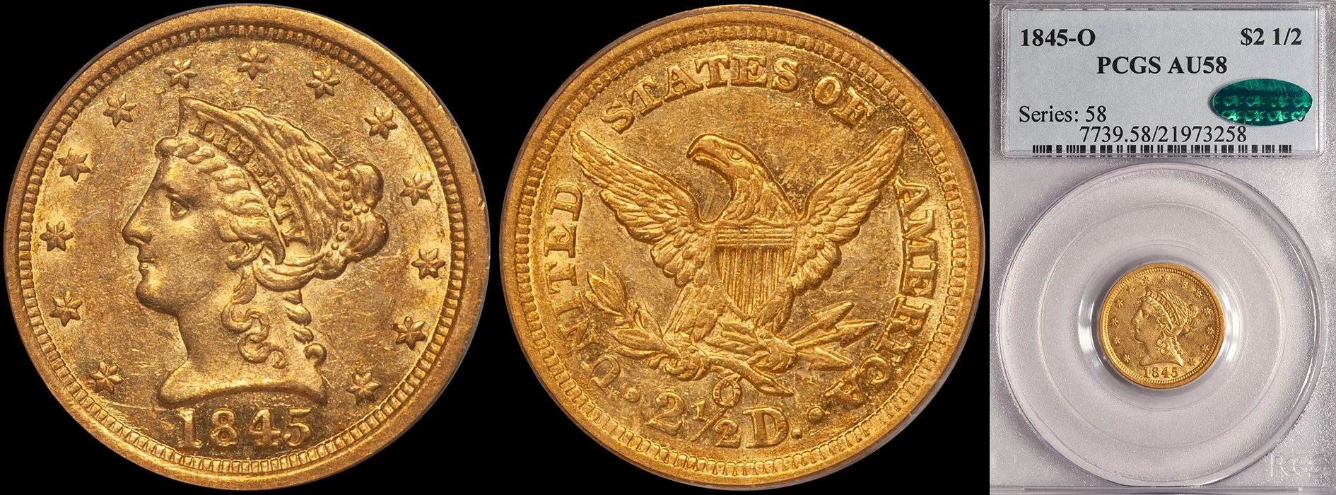 JUST ADDED - $2.50 - 1845-O PCGS AU58 CAC