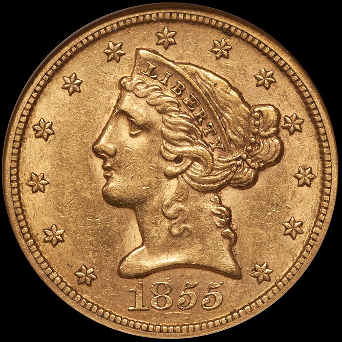 Half Eagle. 1855-S San Francisco $5 gold coin. NGC AU55 CAC.