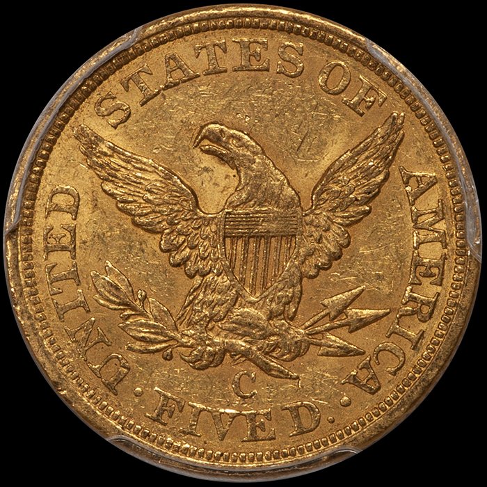alf Eagle. 1857-C Charlotte $5 gold coin. PCGS MS61, ex Fairmont.
