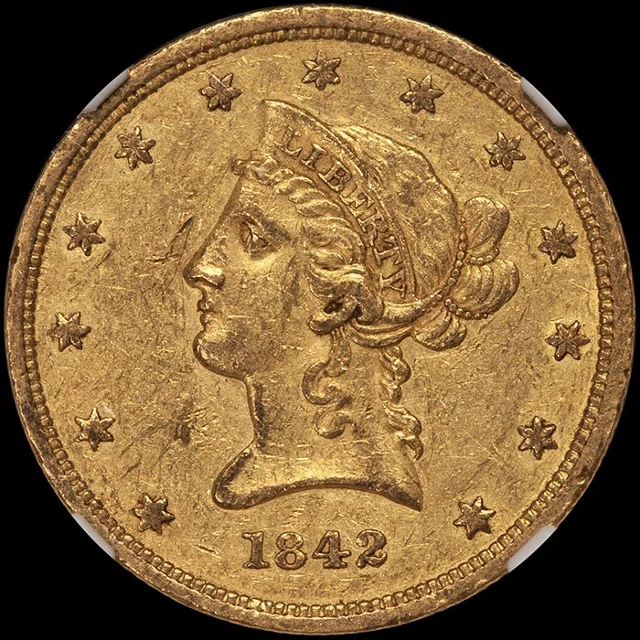 Eagle. 1842 Small Date $10 gold coin. NGC AU58.