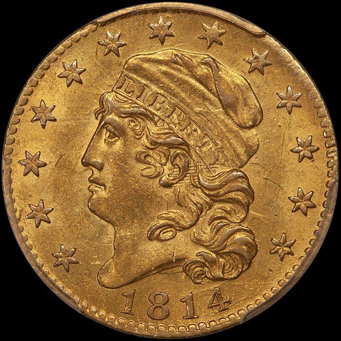 Half Eagle. 1814/3 $5.00 gold coin. PCGS MS62+ CAC.