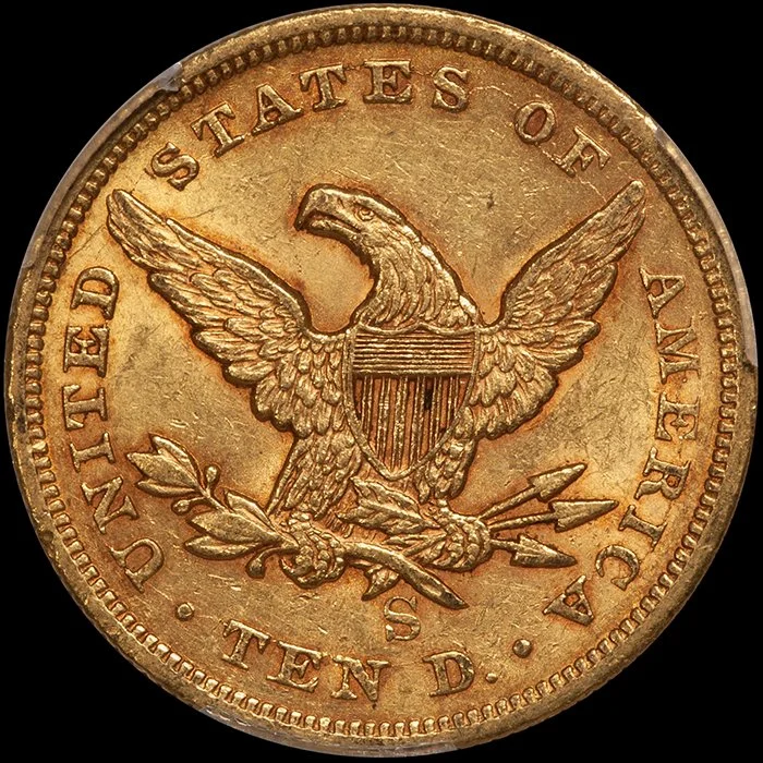 Eagle. 1854-S San Francisco $10 gold coin. PCGS AU58. Fairmont.