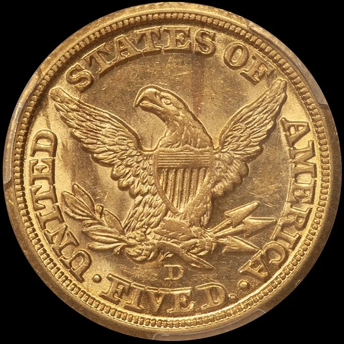 Half Eagle. 1859-D Dahlonega $5 gold coin. Medium D. PCGS MS61.