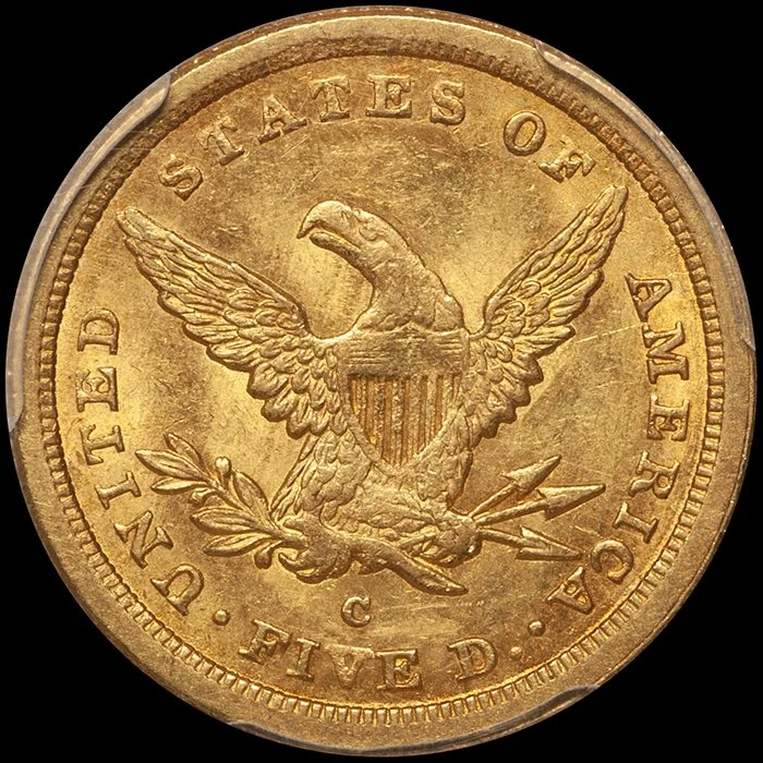 Half Eagle. 1843-C Charlotte $5 gold coin. PCGS MS61.