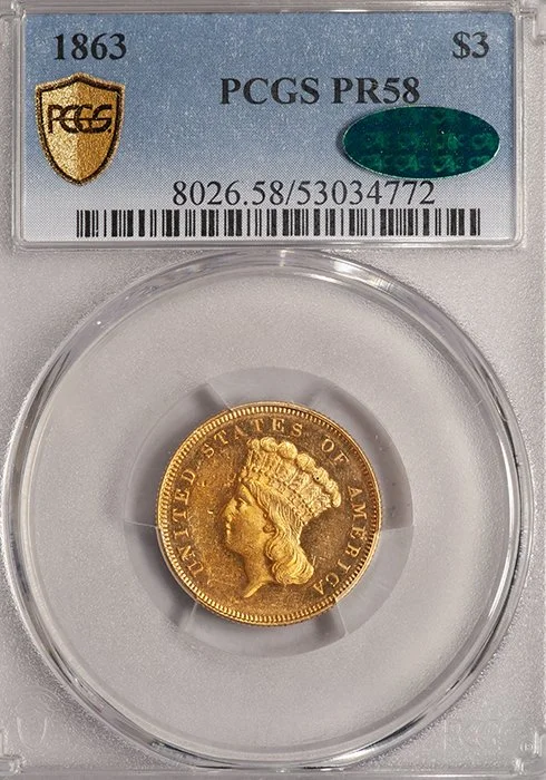 Three Dollars. 1863 Proof $3.00 gold coin.PCGS PR58 CAC.