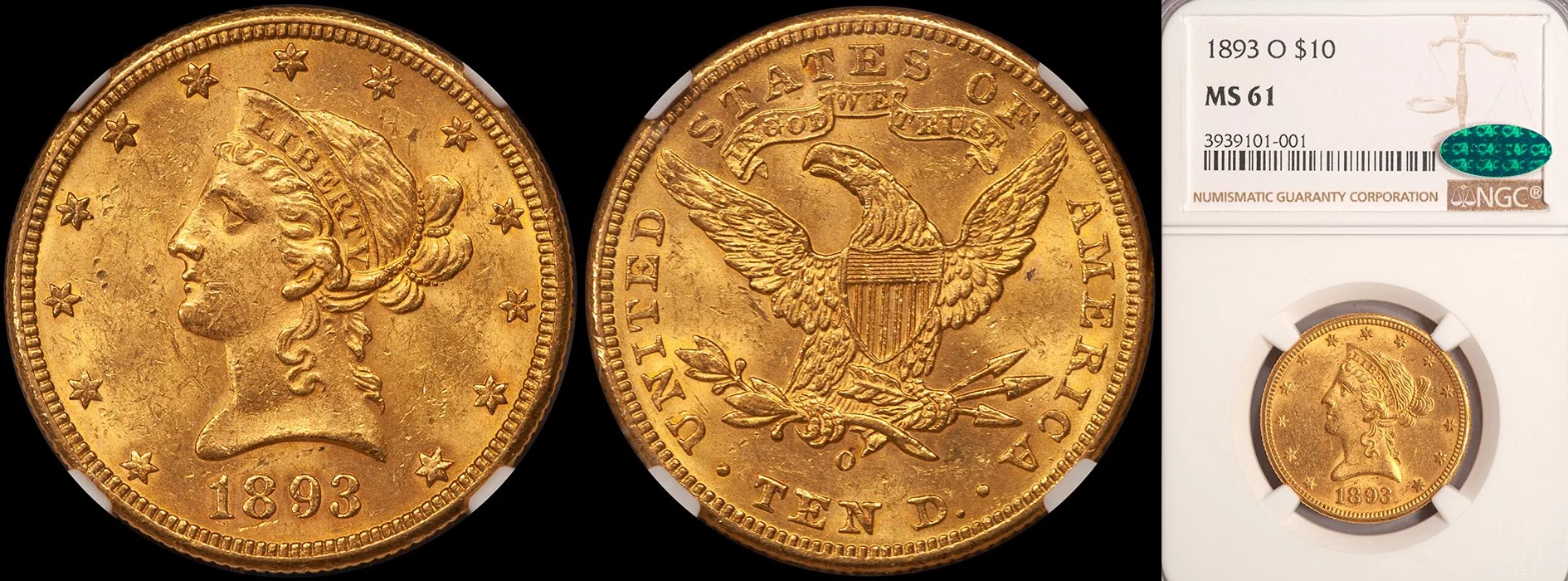 JUST ADDED - $10.00 - 1893-O NGC MS61 CAC